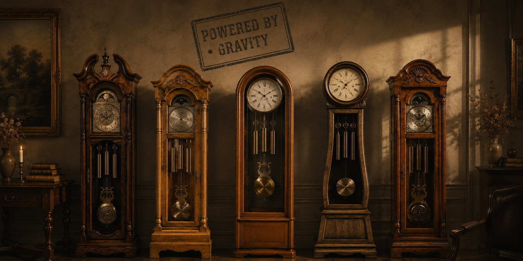 Five wooden grandfather clocks against a wall with a sign above them.